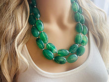 Load image into Gallery viewer, Jalapeño green Statement Necklace & Earrings, emerald green jewelry set, dark deep green bib chunky necklace forest resin beaded silver