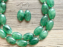 Load image into Gallery viewer, Jalapeño green Statement Necklace & Earrings, emerald green jewelry set, dark deep green bib chunky necklace forest resin beaded silver
