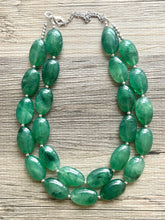 Load image into Gallery viewer, Jalapeño green Statement Necklace & Earrings, emerald green jewelry set, dark deep green bib chunky necklace forest resin beaded silver