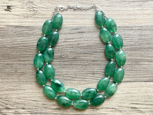 Load image into Gallery viewer, Jalapeño green Statement Necklace & Earrings, emerald green jewelry set, dark deep green bib chunky necklace forest resin beaded silver