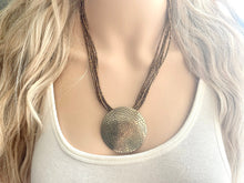 Load image into Gallery viewer, Vintage Gold Pendant Beaded long necklace, shiny beaded statement necklace, everyday metal chunky layering necklace multi strand