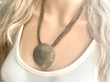 Load image into Gallery viewer, Vintage Gold Pendant Beaded long necklace, shiny beaded statement necklace, everyday metal chunky layering necklace multi strand