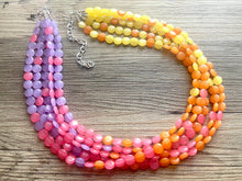 Load image into Gallery viewer, Extra Long Island Summer Sunset Beaded Statement Necklace, beaded jewelry, earrings chunky bib coral yellow orange blush pink purple collar
