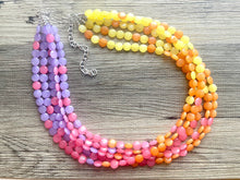 Load image into Gallery viewer, Extra Long Island Summer Sunset Beaded Statement Necklace, beaded jewelry, earrings chunky bib coral yellow orange blush pink purple collar