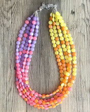 Load image into Gallery viewer, Extra Long Island Summer Sunset Beaded Statement Necklace, beaded jewelry, earrings chunky bib coral yellow orange blush pink purple collar