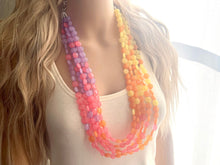 Load image into Gallery viewer, Extra Long Island Summer Sunset Beaded Statement Necklace, beaded jewelry, earrings chunky bib coral yellow orange blush pink purple collar