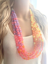 Load image into Gallery viewer, Extra Long Island Summer Sunset Beaded Statement Necklace, beaded jewelry, earrings chunky bib coral yellow orange blush pink purple collar