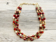 Load image into Gallery viewer, Brown Shell 3 strand statement Necklace, wood Beaded Necklace, summer gold jewelry, triple strand faceted bubble necklace neutral