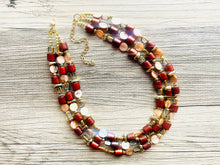 Load image into Gallery viewer, Brown Shell 3 strand statement Necklace, wood Beaded Necklace, summer gold jewelry, triple strand faceted bubble necklace neutral