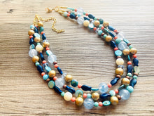 Load image into Gallery viewer, Coral Fish 3 Strand Royal Blue Necklace, multi strand bright blue jewelry, big beaded chunky necklace, gold dark blue statement navy