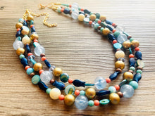 Load image into Gallery viewer, Coral Fish 3 Strand Royal Blue Necklace, multi strand bright blue jewelry, big beaded chunky necklace, gold dark blue statement navy