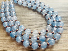 Load image into Gallery viewer, Beach Dock Necklace, multi strand jewelry, big beaded chunky statement necklace, blue clear resin chambray, periwinkle wood brown gold