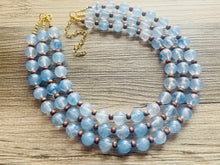 Load image into Gallery viewer, Beach Dock Necklace, multi strand jewelry, big beaded chunky statement necklace, blue clear resin chambray, periwinkle wood brown gold