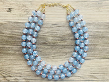 Load image into Gallery viewer, Beach Dock Necklace, multi strand jewelry, big beaded chunky statement necklace, blue clear resin chambray, periwinkle wood brown gold