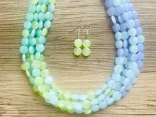 Load image into Gallery viewer, Rainforest Island Sunset Beaded Statement Necklace, beaded jewelry, earrings chunky bib 5 strand lime emerald periwinkle sky blue collar