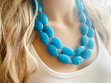Load image into Gallery viewer, Caribbean Blue 2 strand Beaded Statement Necklace, Chunky Bib Multi-Strand Jewelry, blue drop earrings, neutral necklace turquoise aqua