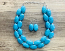 Load image into Gallery viewer, Caribbean Blue 2 strand Beaded Statement Necklace, Chunky Bib Multi-Strand Jewelry, blue drop earrings, neutral necklace turquoise aqua