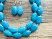 Load image into Gallery viewer, Caribbean Blue 2 strand Beaded Statement Necklace, Chunky Bib Multi-Strand Jewelry, blue drop earrings, neutral necklace turquoise aqua