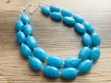 Load image into Gallery viewer, Caribbean Blue 2 strand Beaded Statement Necklace, Chunky Bib Multi-Strand Jewelry, blue drop earrings, neutral necklace turquoise aqua