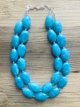 Load image into Gallery viewer, Caribbean Blue 2 strand Beaded Statement Necklace, Chunky Bib Multi-Strand Jewelry, blue drop earrings, neutral necklace turquoise aqua