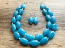 Load image into Gallery viewer, Caribbean Blue 2 strand Beaded Statement Necklace, Chunky Bib Multi-Strand Jewelry, blue drop earrings, neutral necklace turquoise aqua