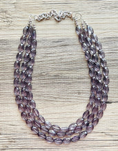 Load image into Gallery viewer, Translucent Smoke Gray 3 strand statement Necklace, Gray Beaded Necklace, summer silver jewelry, bubble bib neutral layer gunmetal