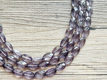 Load image into Gallery viewer, Translucent Smoke Gray 3 strand statement Necklace, Gray Beaded Necklace, summer silver jewelry, bubble bib neutral layer gunmetal