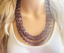 Load image into Gallery viewer, Translucent Smoke Gray 3 strand statement Necklace, Gray Beaded Necklace, summer silver jewelry, bubble bib neutral layer gunmetal