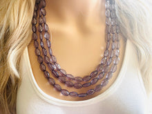 Load image into Gallery viewer, Translucent Smoke Gray 3 strand statement Necklace, Gray Beaded Necklace, summer silver jewelry, bubble bib neutral layer gunmetal