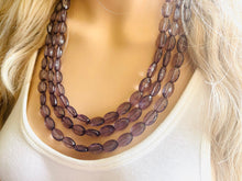 Load image into Gallery viewer, Translucent Smoke Gray 3 strand statement Necklace, Gray Beaded Necklace, summer silver jewelry, bubble bib neutral layer gunmetal