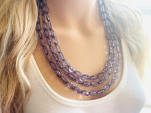 Load image into Gallery viewer, Translucent Smoke Gray 3 strand statement Necklace, Gray Beaded Necklace, summer silver jewelry, bubble bib neutral layer gunmetal