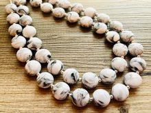 Load image into Gallery viewer, Black & White Swirl Statement Necklace, multi strand jewelry, big beaded chunky statement necklace, neutral geometric bead tie dye