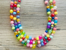 Load image into Gallery viewer, Rainbow Quilt Statement Necklace, rainbow pastel striped extra Chunky Jewelry silver beads 3 strand colorful, art deco bib thick