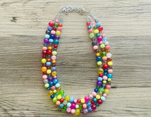 Load image into Gallery viewer, Rainbow Quilt Statement Necklace, rainbow pastel striped extra Chunky Jewelry silver beads 3 strand colorful, art deco bib thick