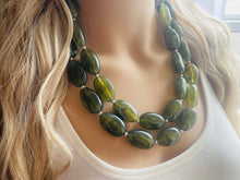 Load image into Gallery viewer, Army Green Chunky Statement Necklace, Big beaded jewelry, Double Strand Statement Necklace, Bib necklace, green bridesmaid wedding camo