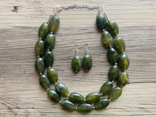 Load image into Gallery viewer, Army Green Chunky Statement Necklace, Big beaded jewelry, Double Strand Statement Necklace, Bib necklace, green bridesmaid wedding camo