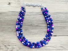 Load image into Gallery viewer, Meet Me At Midnight Necklace, Purple & Blue Statement Necklace, 3 strand chunky jewelry, dark purple eggplant navy rhinestone sparkle glass