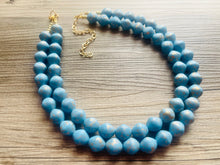 Load image into Gallery viewer, Aqua Blue Double Strand Statement Necklace, Chunky light blue & Gold clay Beaded Bib Jewelry, blue jewelry, baby blue jewlery necklace