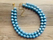 Load image into Gallery viewer, Aqua Blue Double Strand Statement Necklace, Chunky light blue & Gold clay Beaded Bib Jewelry, blue jewelry, baby blue jewlery necklace