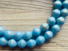 Load image into Gallery viewer, Aqua Blue Double Strand Statement Necklace, Chunky light blue & Gold clay Beaded Bib Jewelry, blue jewelry, baby blue jewlery necklace