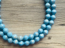 Load image into Gallery viewer, Aqua Blue Double Strand Statement Necklace, Chunky light blue & Gold clay Beaded Bib Jewelry, blue jewelry, baby blue jewlery necklace