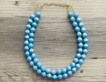 Load image into Gallery viewer, Aqua Blue Double Strand Statement Necklace, Chunky light blue & Gold clay Beaded Bib Jewelry, blue jewelry, baby blue jewlery necklace
