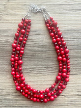 Load image into Gallery viewer, Red BeJeweled Statement Necklace, Chunky 3 Strand Jewelry, silver red necklace, red bib beaded necklace thick collar bead metal crackle