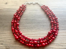 Load image into Gallery viewer, Red BeJeweled Statement Necklace, Chunky 3 Strand Jewelry, silver red necklace, red bib beaded necklace thick collar bead metal crackle