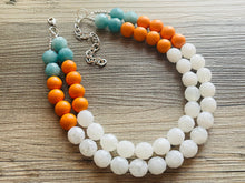 Load image into Gallery viewer, Aqua Teal Orange White Statement Necklace, Chunky Two Strand Jewelry, summer necklace, blue necklace, COLOR BLOCK bib necklace, turquoise