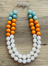 Load image into Gallery viewer, Aqua Teal Orange White Statement Necklace, Chunky Two Strand Jewelry, summer necklace, blue necklace, COLOR BLOCK bib necklace, turquoise