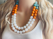 Load image into Gallery viewer, Aqua Teal Orange White Statement Necklace, Chunky Two Strand Jewelry, summer necklace, blue necklace, COLOR BLOCK bib necklace, turquoise