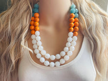 Load image into Gallery viewer, Aqua Teal Orange White Statement Necklace, Chunky Two Strand Jewelry, summer necklace, blue necklace, COLOR BLOCK bib necklace, turquoise