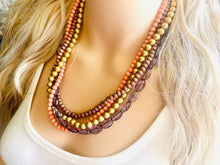 Load image into Gallery viewer, 4 Strand beaded Statement Chunky Necklace, casual necklace, Traveler wood brown coral necklace, gray smoke beaded jewelry thick bib