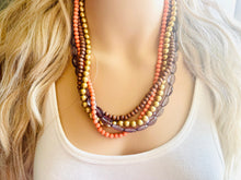 Load image into Gallery viewer, 4 Strand beaded Statement Chunky Necklace, casual necklace, Traveler wood brown coral necklace, gray smoke beaded jewelry thick bib